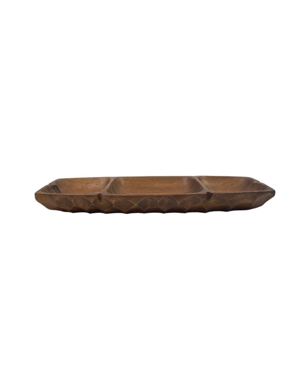 Hand-Carved Wooden Divided Serving Tray With Scalloped Edge - Vintage Rustic Dec - Picture 3 of 14